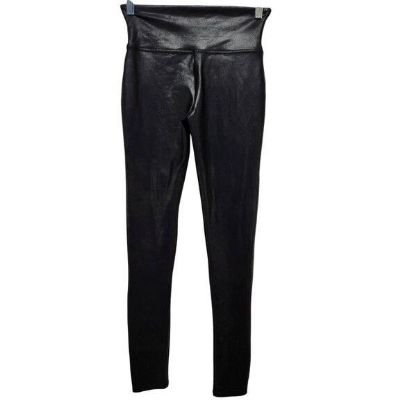 SPANX Black Faux Leather Leggings High Rise Shap Wear Sleek Compression Size M - Picture 3 of 11